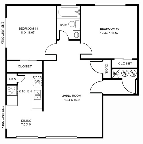 2 Beds • 1 Bath 320 floor plan